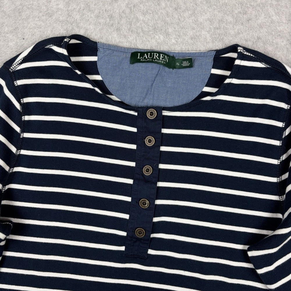 Lauren Ralph Lauren Shirt Women's XL Blue White Stripe Henley Preppy Nautical